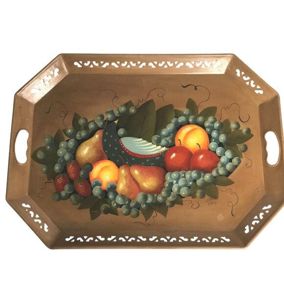 VTG Hand Painted Tin Serving Tray Fruit Grapes Bird Signed Joan 22" x 16" Heavy - Picture 1 of 7